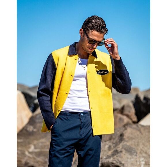 NWT Malbon Golf Sz L Mens Heritage Button Down Sweater Cardigan Marigold Navy - Picture 1 of 12